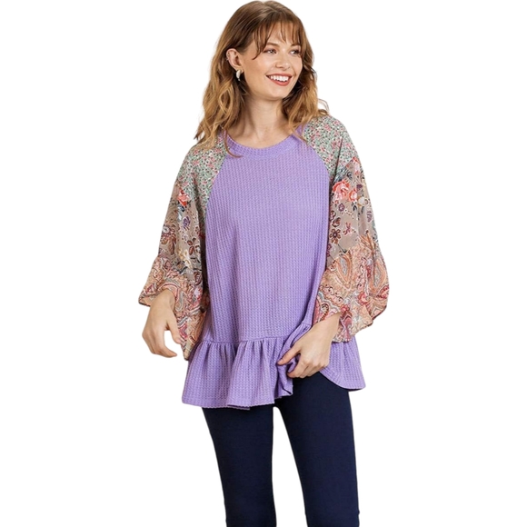 Umgee Tops - Umgee Bell Sleeve Top Blouse New Lavender Mixed Print